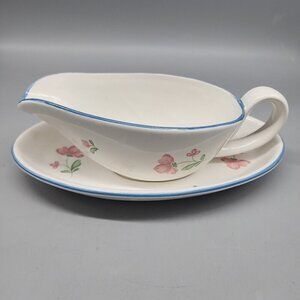 NEWCOR GRAVY BOAT AND PLATE STONEWARE THAILAND FLOWERS